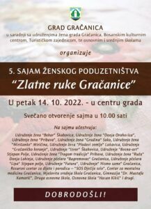 Dobrodošli na 5. sajam ženskog poduzetništva “Zlatne ruke Gračanice”.
